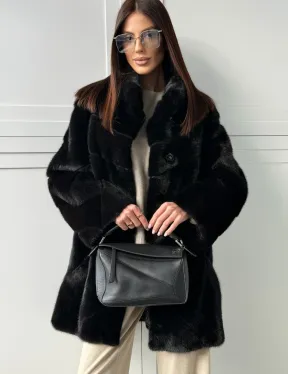 Черная норковая шуба - стойка воротник - фото 5