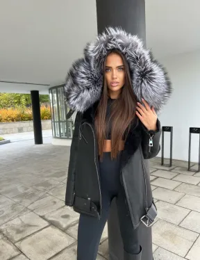 Дубленка - косуха с капюшоном из меха чернобурой лисы - фото 3