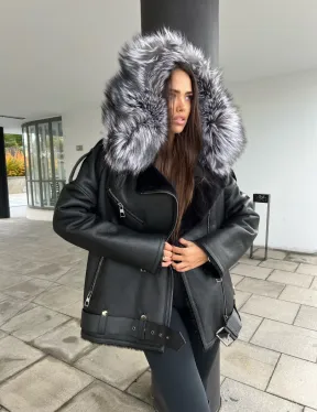 Дубленка - косуха с капюшоном из меха чернобурой лисы - фото 4