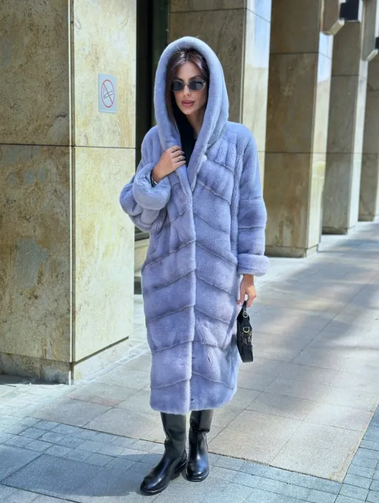 Удлиненная голубая норковая шуба NAFA MINK с капюшоном - фото 5