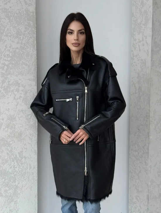 Удлиненная дубленка - авиатор из натуральной овчины с мехом тосканы - фото 7