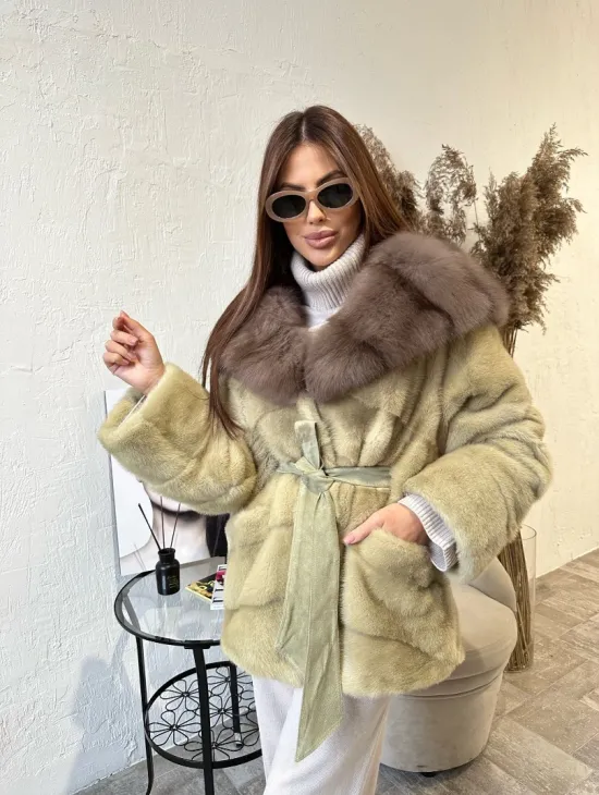 Куртка из меха норки с капюшоном  - цвет фисташка - фото 3