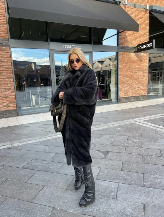 Шуба из меха норки с английским воротником - цвет графит - фото 5