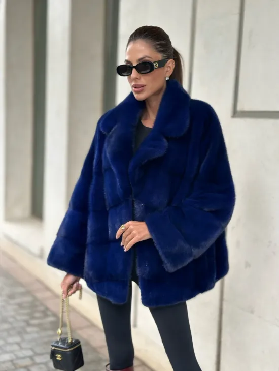 Норковая велюровая шуба  - автоледи в синем цвете - фото 1