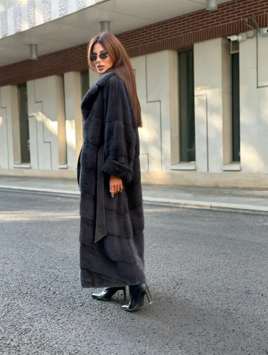 Графит длинная шуба из меха плюшевой норки VELVET - фото 6