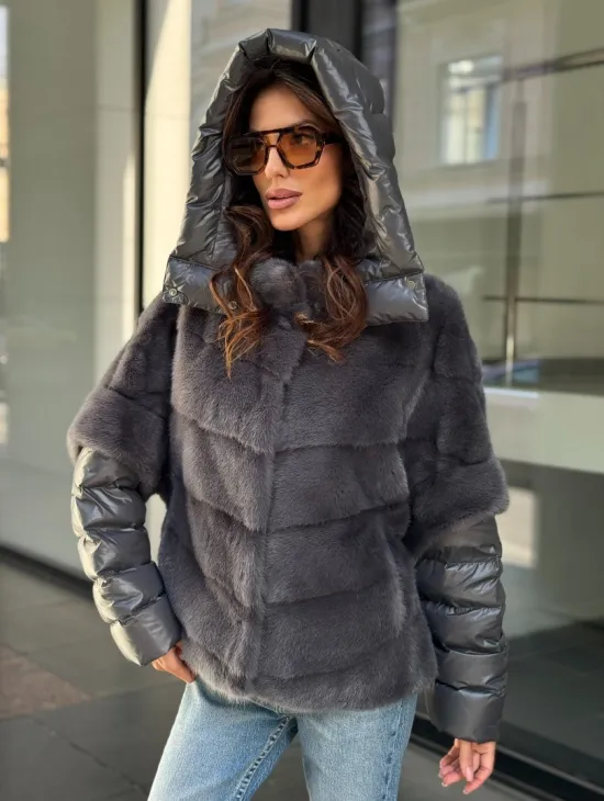 Норковый пуховик/жилет 2в1 - светлый графит - фото 4