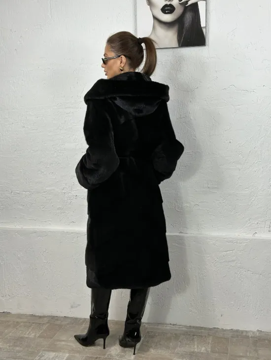 Черная шуба из импортной норки с капюшоном - фото 6