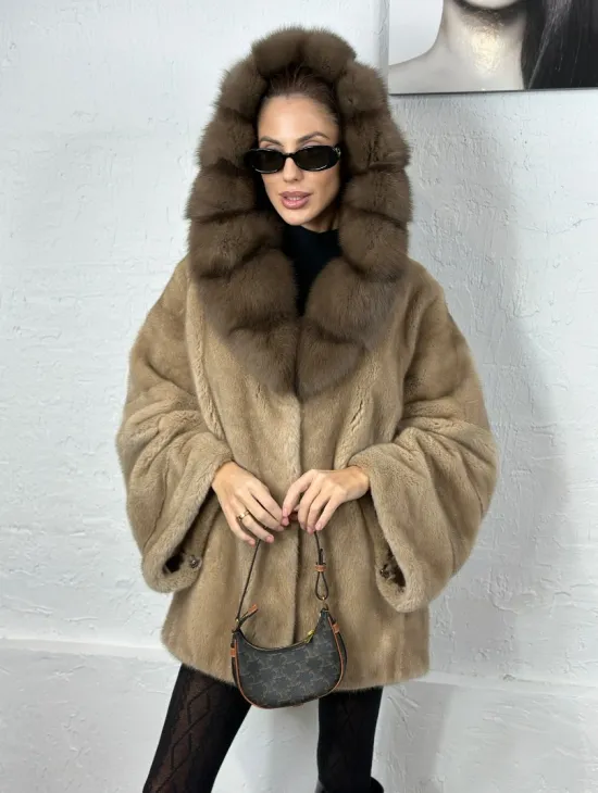 Норка автоледи с капюшоном куница - цвет пастель - фото 5