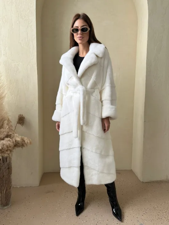 Норка NAFA люкс кимоно паркет английский воротник под пояс - цвет белый - фото 0