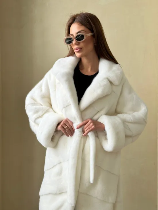 Норка NAFA люкс кимоно паркет английский воротник под пояс - цвет белый - фото 1