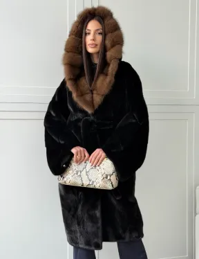Норковая шуба фасон баллон с капюшоном куница - фото 14