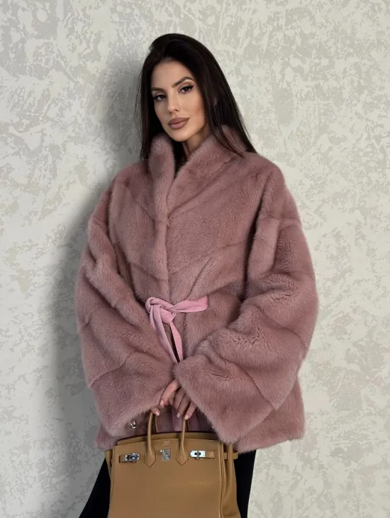 Кимоно норковое воротник отворот - цвет розовый жемчуг - фото 5