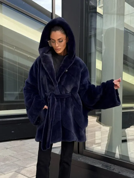 Шуба летучая мышь с капюшоном цвет аквамарин - паркетная раскладка - фото 15