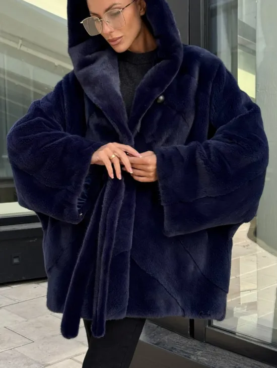 Шуба летучая мышь с капюшоном цвет аквамарин - паркетная раскладка - фото 1