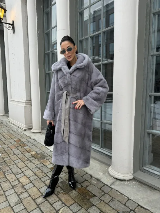 Норка кимоно паркет с капюшоном - цвет серый сапфир - фото 7