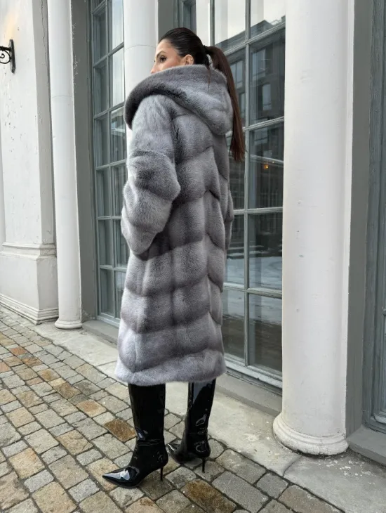 Шуба норковая с капюшоном, паркет - цвет графит-хамелеон - фото 5