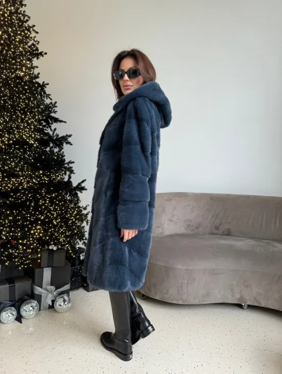Норковая шуба с капюшоном, паркет - синего цвета - фото 7