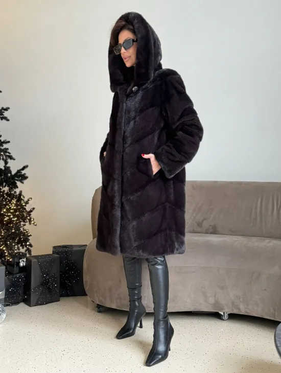 Норковая шуба с капюшоном, паркет - цвет инжир - фото 4