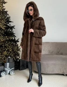 Норковая шуба с капюшоном в цвете орех - фото 3