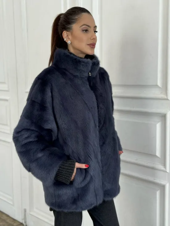 Короткая норковая шуба на молнии, стойка воротник - цвет черника - фото 0