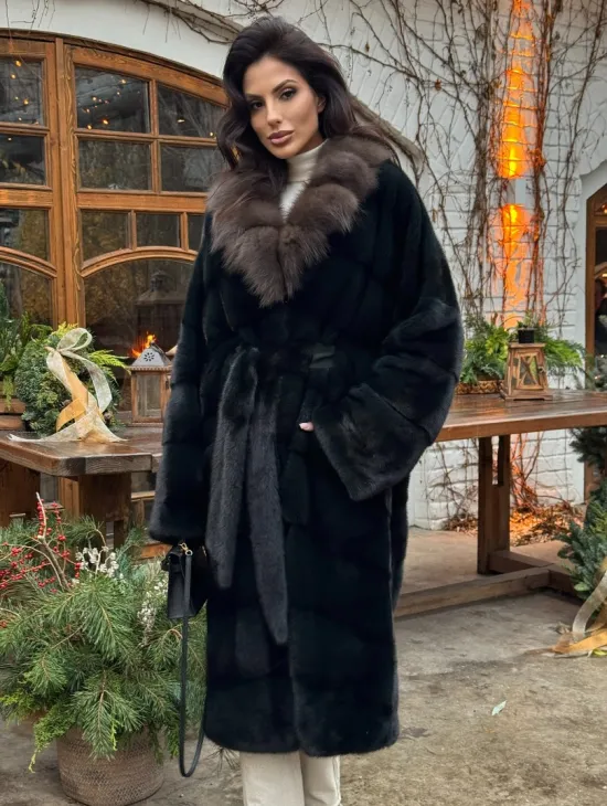 Норковое кимоно с воротником из меха куницы - цвет черный изумруд - фото 5