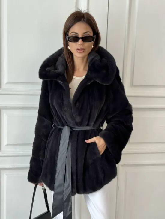 Норковый жакет с капюшоном, роспуск - цвет графит - фото 0