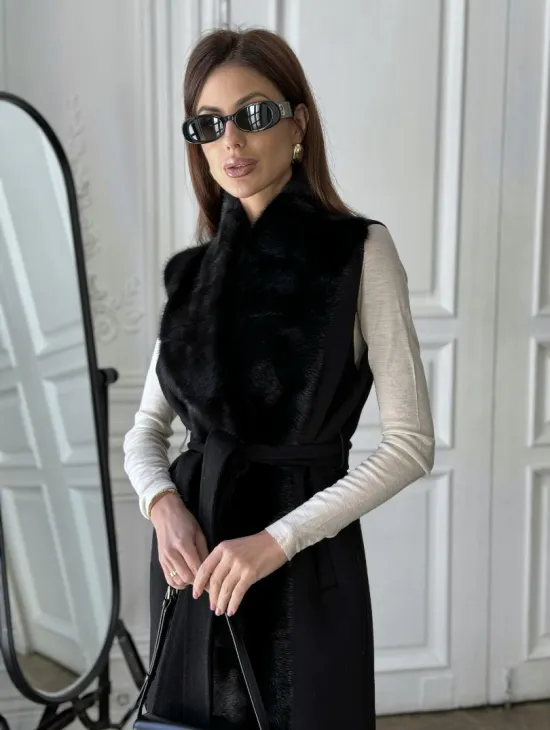 Стильное кашемировое пальто с мехом норки - фото 0