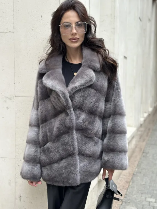 Норковый полушубок с английским воротником - цвет Platinum - фото 1