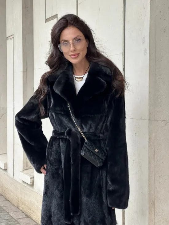 Черная норковая шуба NAFA MINK с поясом в пол - фото 4