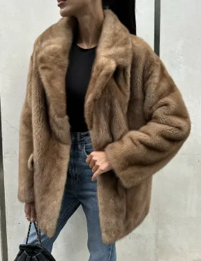 Женский норковый жакет в песочном цвете - фото 4